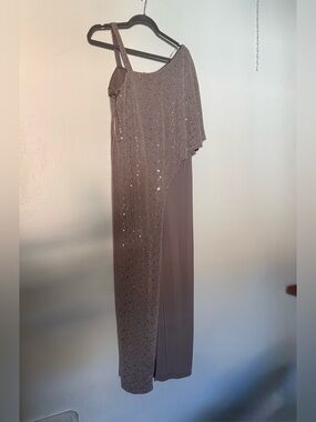 NWT R&M Richards One-Shoulder Taupe Sequin Pantsuit Size 16
